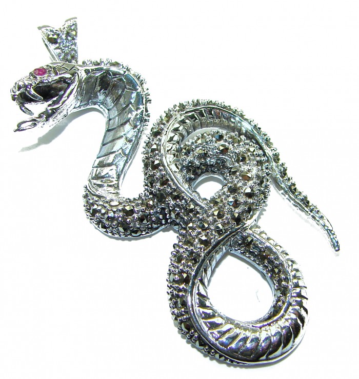 Large 2 1/2 inches long Cobra Snake genuine Marcasite .925 Sterling Silver handmade Pendant Brooch - photo 3