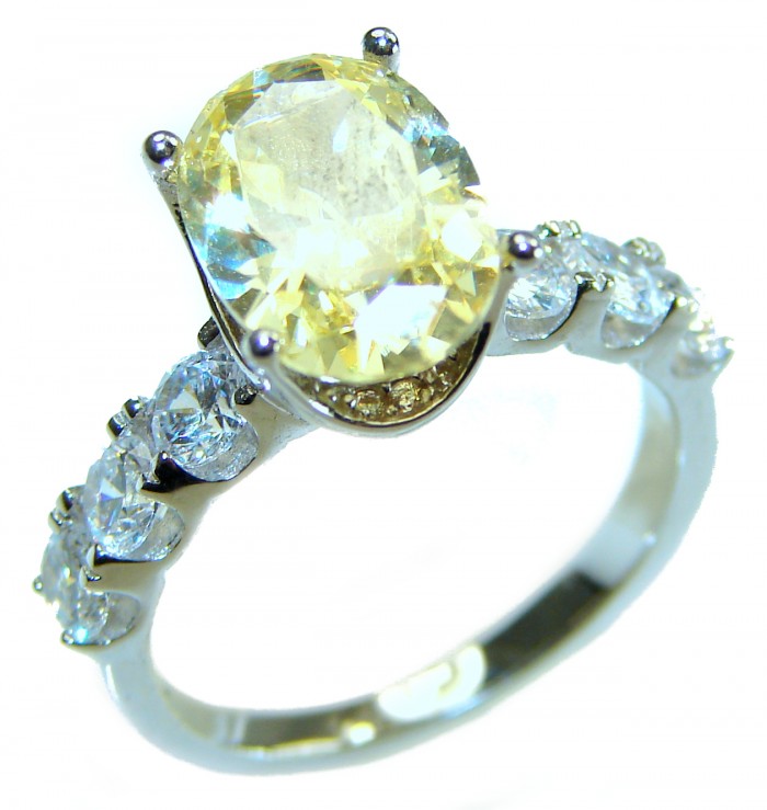 Esmeralda cut 7.2 carat yellow Sapphire .925 Sterling Silver brilliantly handcrafted ring s. 7 1/4 - Yellow sapphire ring, side view, .925 sterling silver, 7.2 carat stone.