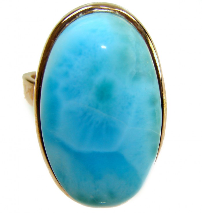 Blue Perfection AAAA QUALITY Blue Larimar 18K Gold over .925 Sterling Silver handmade Large ring size 8 adjustable - Close-up of blue Larimar stone in 18K gold setting ring.