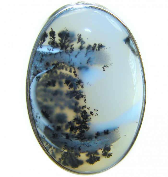 LARGE Top Quality Dendritic Agate .925 Sterling Silver handcrafted Ring s. 7 adjustable - Close-up of LARGE Dendritic Agate set in .925 Sterling Silver.
