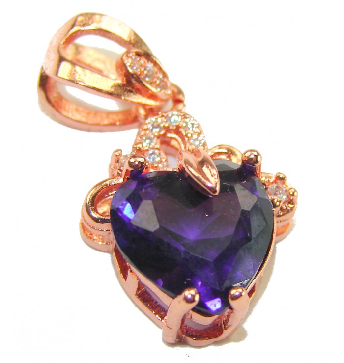 Vintage Design Amethyst 14K Gold over .925 Sterling Silver handcrafted Pendant - Heart-shaped amethyst pendant close-up in rose gold setting.
