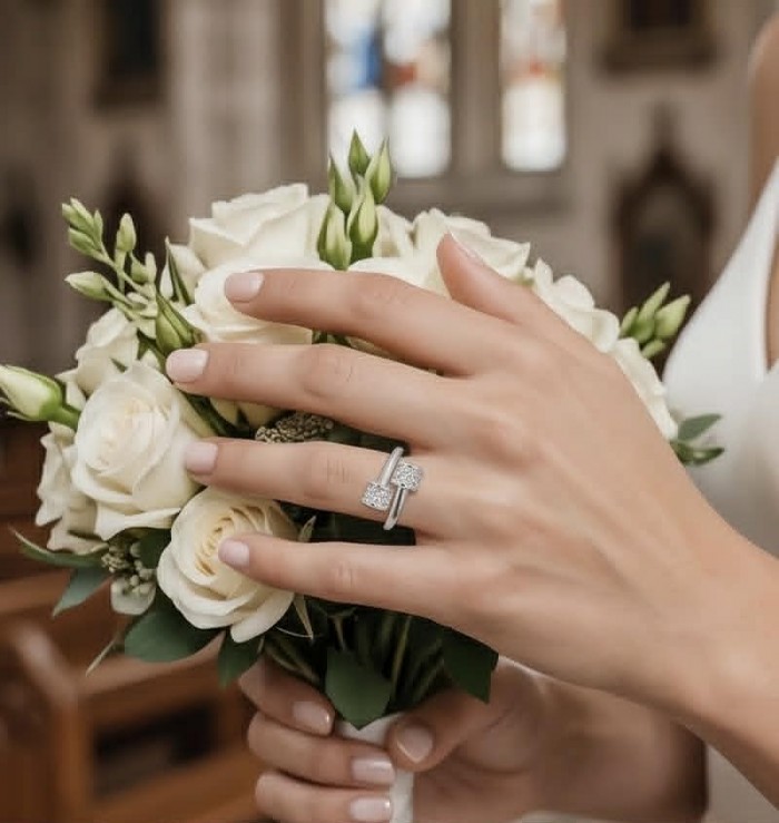Luxurious pave 1.5 carat White Topaz .925 Sterling Silver Solid Infinity ring size 7 - Ring worn on hand holding white roses, showcasing topaz and sterling silver.