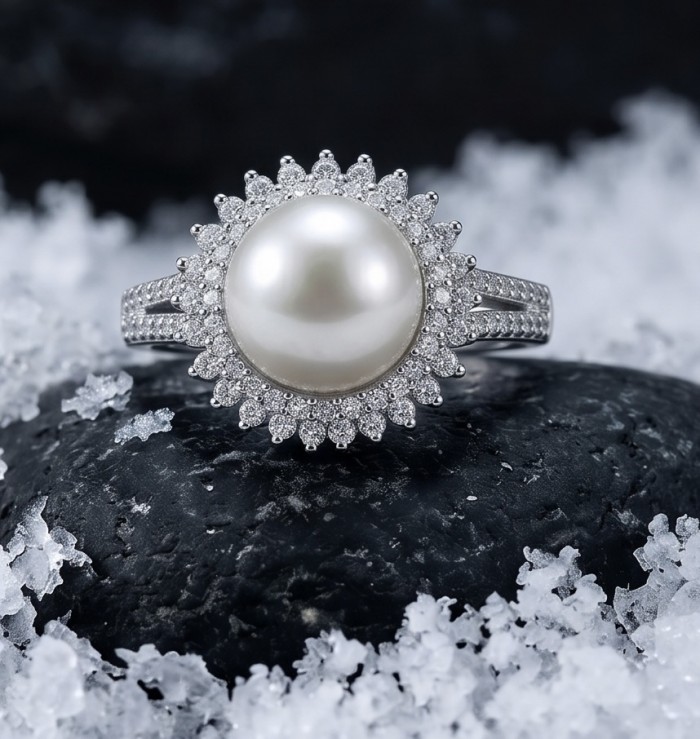 Authentic rare Pearl .925 Sterling Silver handcrafted ring; s. 8 1/4 - Close-up of pearl and diamond-studded sterling silver ring.
