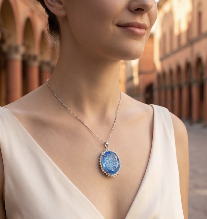 Angelina 10.9 carat authentic Swiss Blue Topaz .925 Sterling Silver Handcrafted handmade Pendant - Necklace worn, featuring Swiss Blue Topaz pendant on a person in a dress.