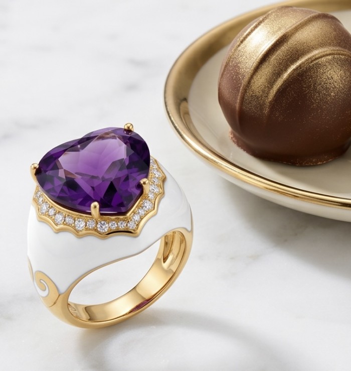 Lavender Love 10.5 carat natural Amethyst Enamel 22K Gold over .925 Sterling Silver Handcrafted Ring size 7 1/2 - Lavender Love Amethyst ring side view with gold and enamel detail.