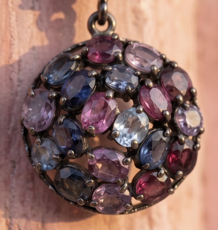 Serenity 22.5 carat Brazilian Watermalon Tourmaline black rhodium over .925 Sterling Silver handmade Pendant - Close-up of Serenity tourmaline pendant with colorful stones