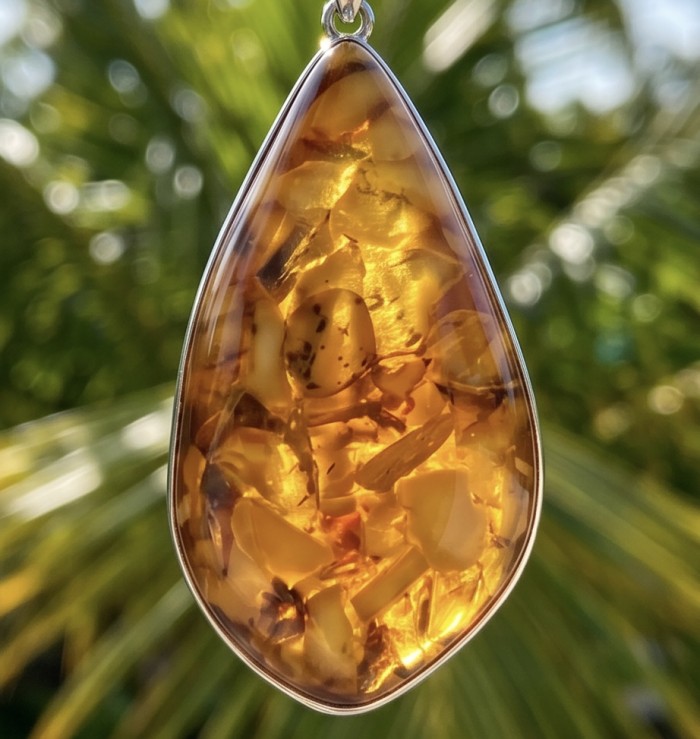 Rare!- vintage Style - natural Baltic Amber .925 Sterling Silver handcrafted HUGE necklace - Close-up of teardrop Baltic amber pendant in sunlight.