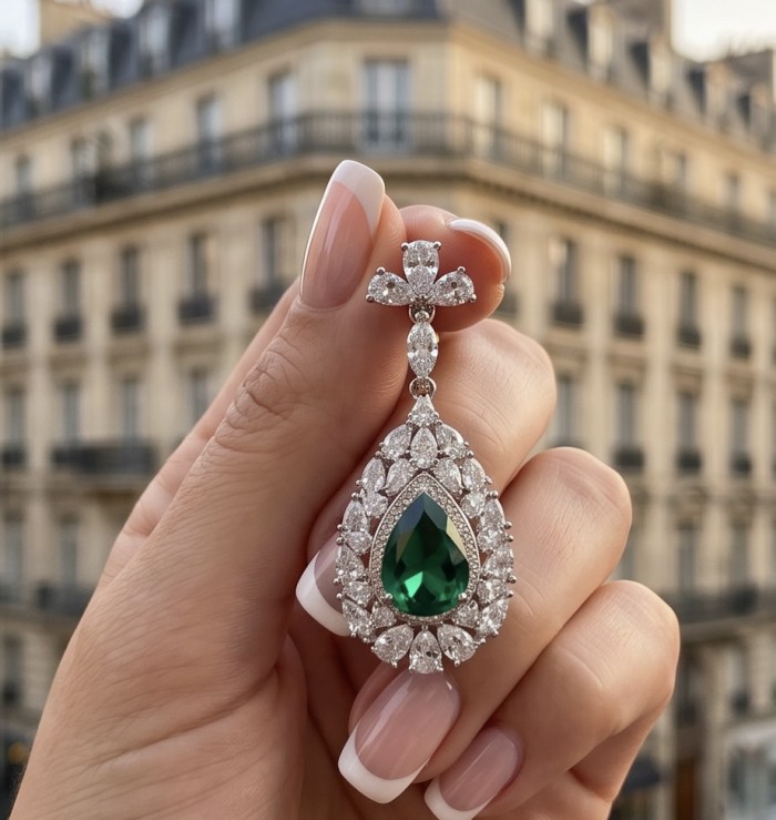 Magnificent Jewel 9.5 carat Emerald .925 Sterling Silver handcrafted Statement earrings - Close-up of emerald and diamond earring held by hand