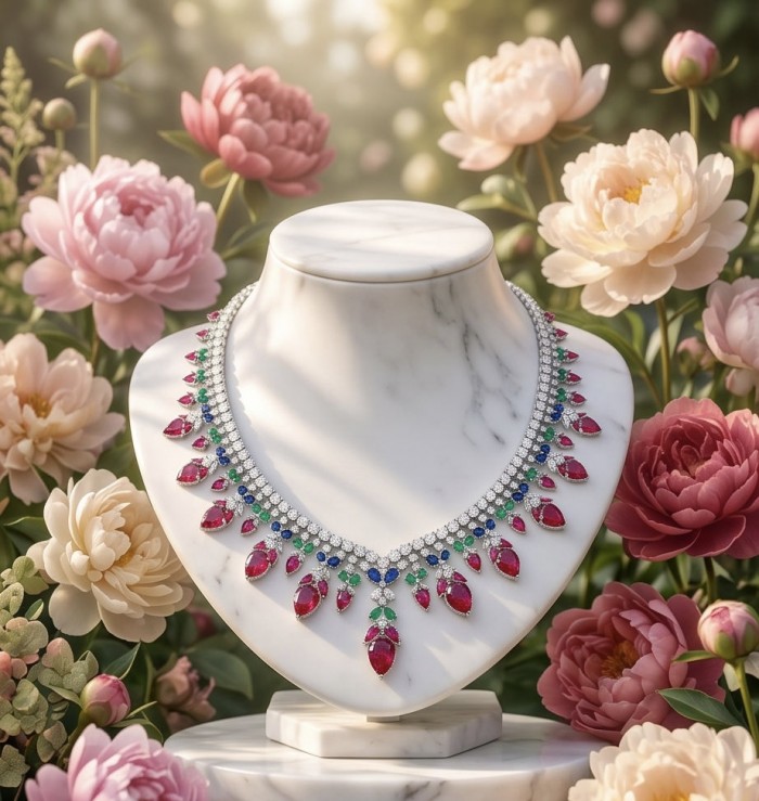RARE BEAUTY! Valentina 55.2 carat Ruby Emerald Sapphire .925 Sterling Silver dipped in rhodium Statement Necklace - Front view of ruby, emerald, and sapphire necklace with floral background.