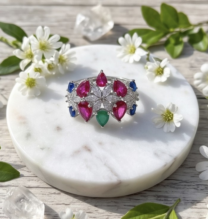 Valentina Genuine Ruby Emerald Sapphire rhodium over .925 Sterling Silver handcrafted Statement Ring size 8 - Front view of gemstone ring with ruby, emerald, and sapphire.