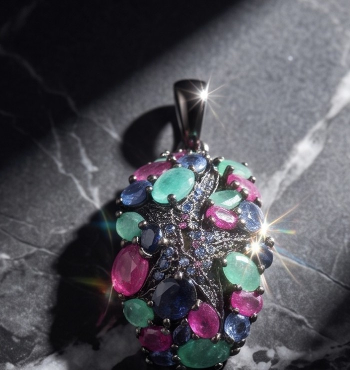 Vintage Beauty 10.7 carat Emerald Ruby Sapphire Black Rhodium over .925 Sterling Silver handcrafted pendant - Close-up of a multicolored gemstone pendant in dramatic lighting