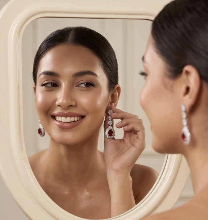 Exquisite 3.4 ctw Mozambique Ruby .925 Sterling Silver handcrafted Statement earrings - Woman in mirror wearing Mozambique ruby sterling silver earrings