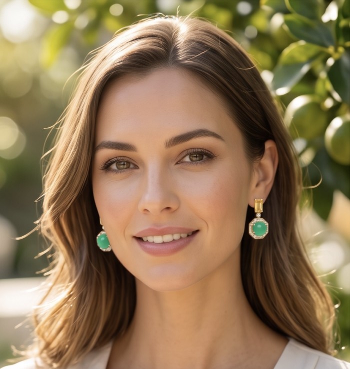 Valentina 5.2 carat Emerald .925 Sterling Silver dipped in 18K Gold Statement handcrafted earrings - Woman wearing Valentina 5.2 carat Emerald earrings, close-up view