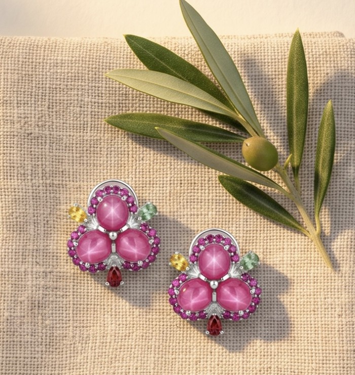 Exotic Flowers - 10.8 carat Mozambique Ruby .925 Sterling Silver dipped in rhodium handmade Statement Earrings - Earrings top view with rubies, surrounded by pink stones and green accents.