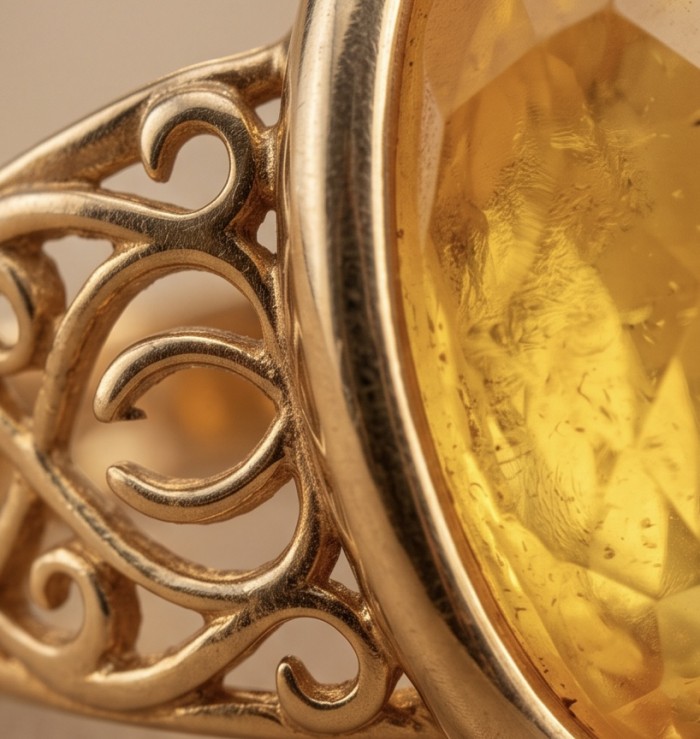 Vintage Style Authentic Golden Butterscotch Baltic Amber 18K Gold over .925 Sterling Silver entirely handcrafted ring; s. 8 - Close-up of intricate design and stone of vintage golden amber ring