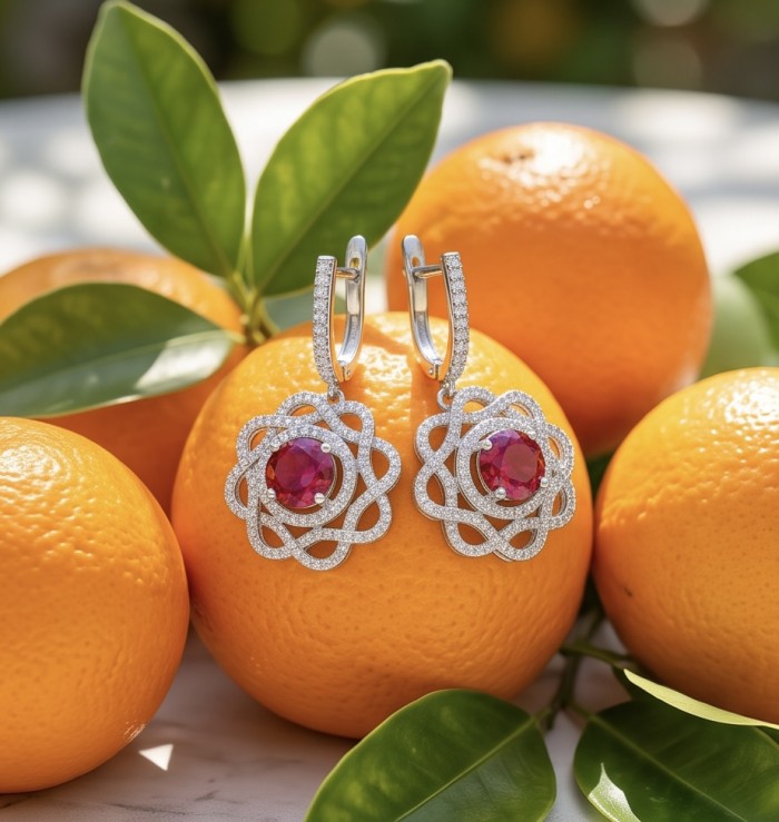 Exquisite 3.4 ctw Ruby .925 Sterling Silver handcrafted Statement earrings - Ruby earrings on oranges, front view with intricate silver design.