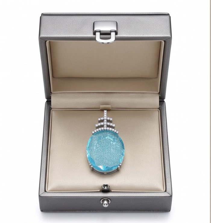 Angelina 14.9 carat authentic Aquamarine .925 Sterling Silver Handcrafted pendant - Aquamarine pendant in box, front view, with diamond accents