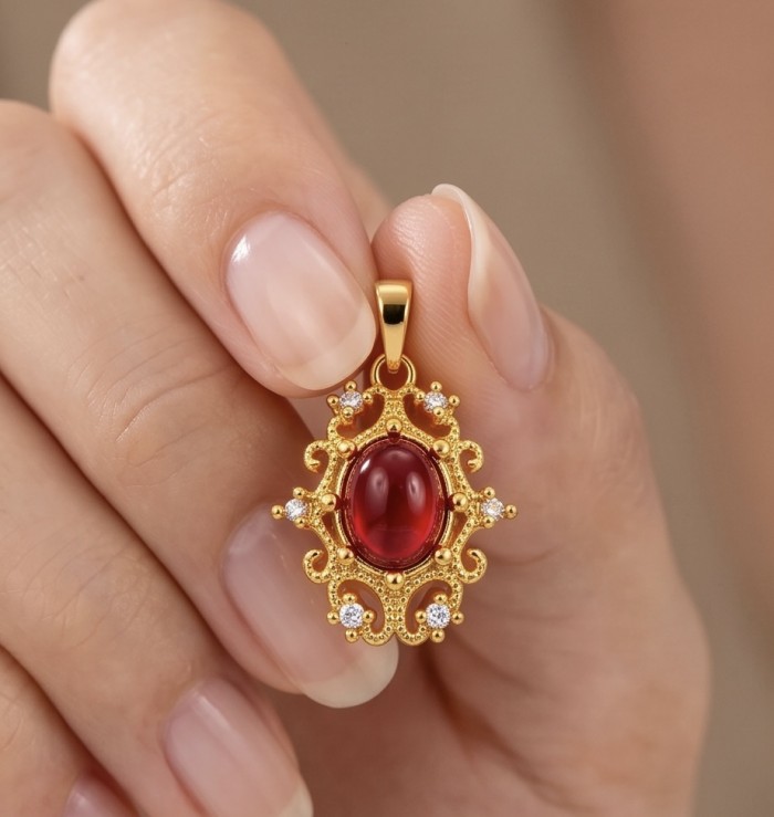 Art deco - Natural 2.1 carat Mozambique Ruby .925 Sterling Silver Handcrafted Pendant - Close-up of art deco ruby pendant held between fingers.