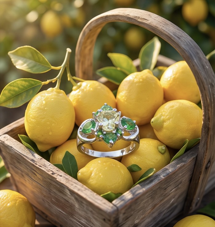 Stella 3.2 carat Brazilian Citrine .925 Sterling Silver dipped in 14K Gold handcrafted ring; s. 6 - Citrine silver ring on lemons, top view with focus on gemstones.