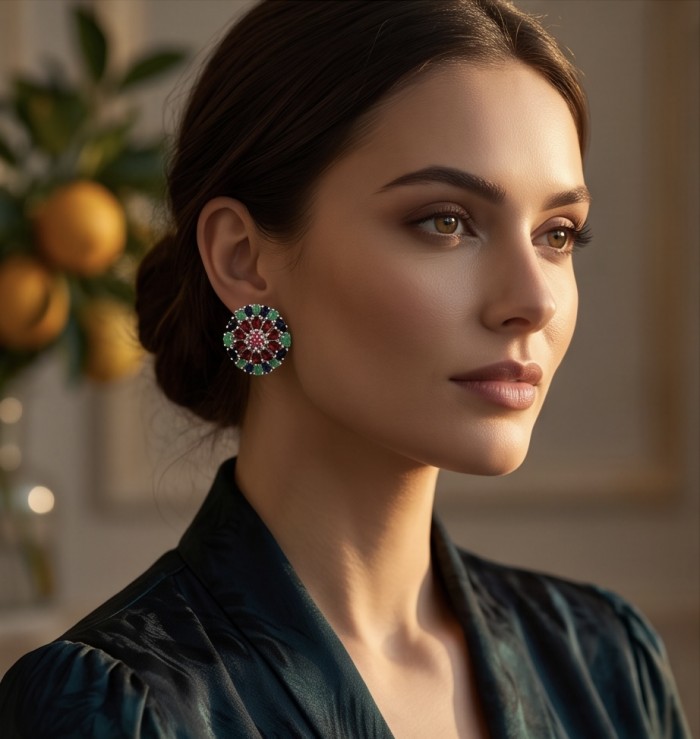 Giovanna - 27.5 carat Mozambique Ruby Colombian Emerald .925 Sterling Silver handcrafted incredible earrings - Side view of woman wearing Giovanna ruby and emerald earrings.
