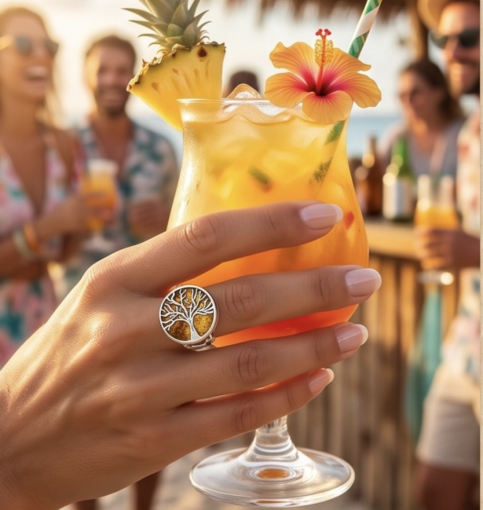 Family Tree Authentic Baltic Amber .925 Sterling Silver handcrafted ring s. 6 3/4 - Ring with family tree design, worn on hand, holding tropical drink.
