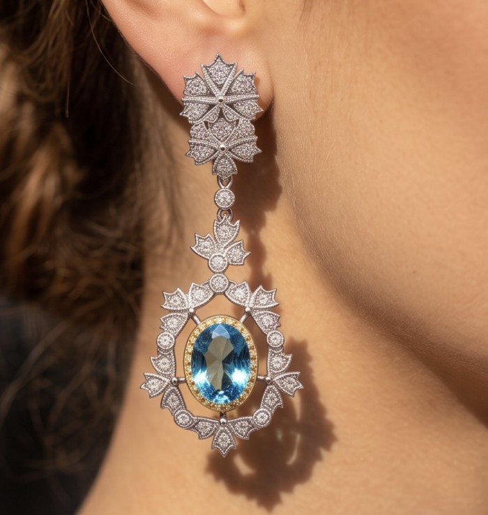 Atlantica 6.7 carat Swiss Blue Topaz 2 tones .925 Sterling Silver dipped in Rhodium Handcrafted Statement earrings - Earring with blue topaz, intricate design, worn on ear, side view
