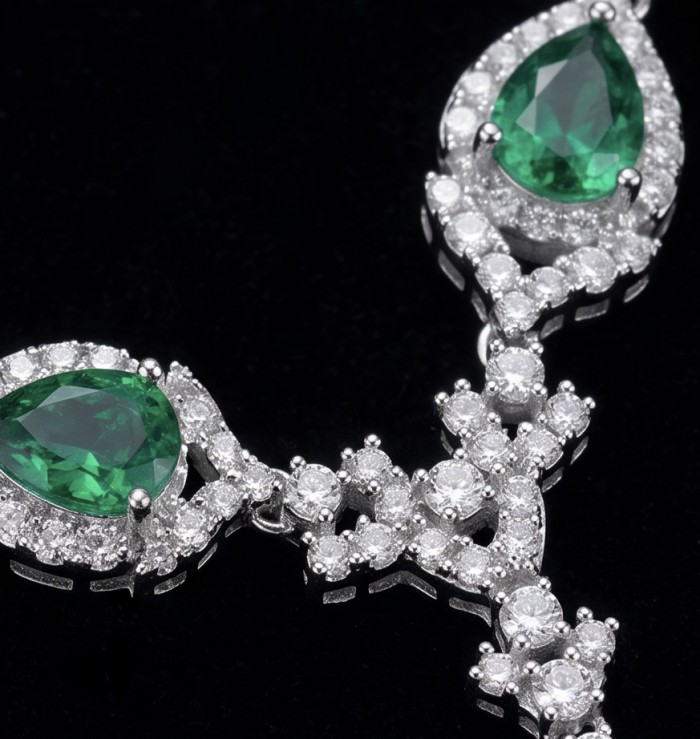 Vintage style- 10.5 carat authentic Tsavorite Garnet .925 Sterling Silver handcrafted necklace - Stone close-up of vintage style Tsavorite Garnet pendant with diamonds