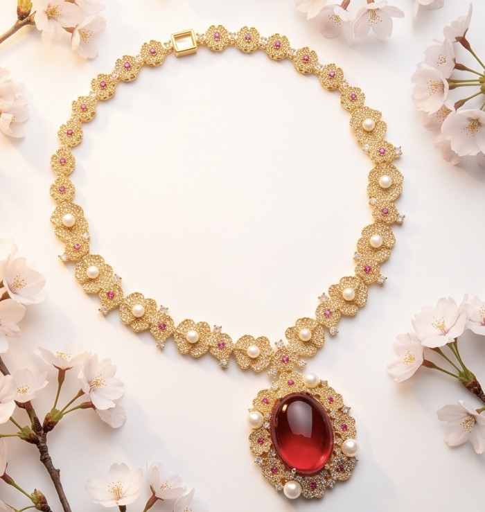 Luxurious 28.9 carat natural Mozambique Ruby 18K Gold over .925 Sterling Silver .925 Sterling Silver Statement Necklace - Luxurious ruby necklace with pearls and gold floral design, top view.
