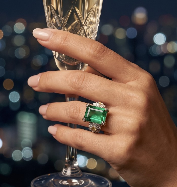 Real Art! - Luxurious bauqette cut 21.9 carat Emerald .925 Sterling Silver rhodium over handcrafted Ring s. 8 1/4 - Emerald ring worn on hand, holding a champagne glass against city lights.