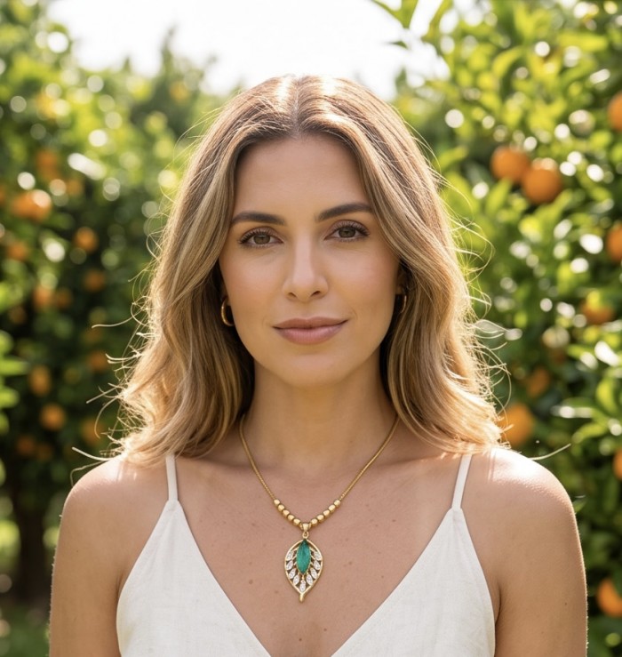 Luxurious 8.9 carat Chrome Diopside 18k Gold over .925 Sterling Silver handmade Necklace - Woman wearing Chrome Diopside necklace in an outdoor setting.