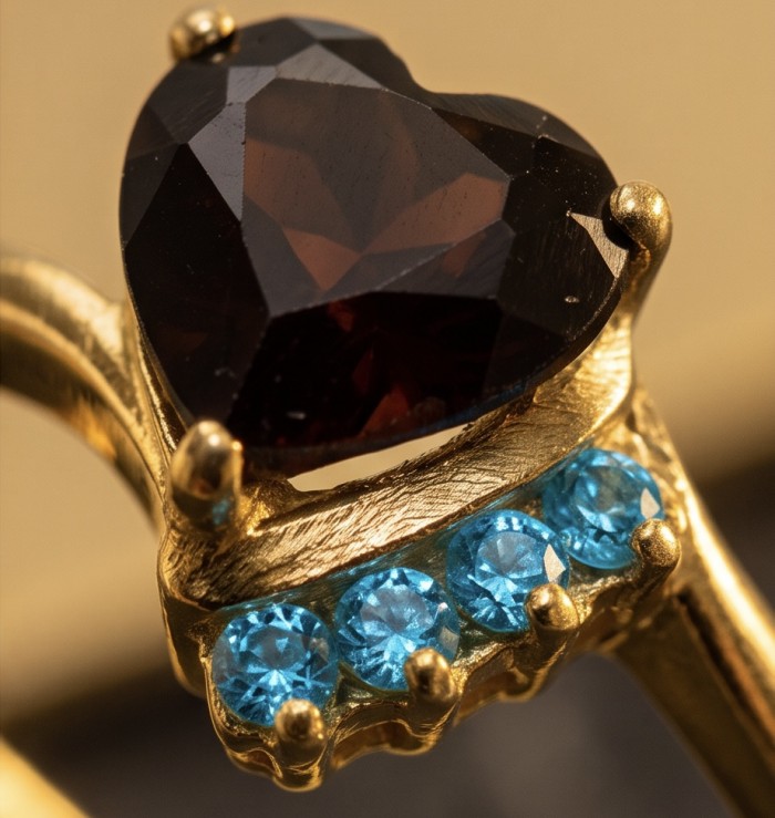 Red Heart 4.1 carat natural Garnet 18K Gold over .925 Sterling Silver Handcrafted Ring size 8 - Close-up of red heart garnet with blue stones in gold setting.