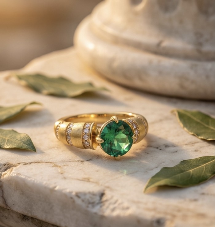 Elizabeth 2.8 carat Colombian Emerald .925 Sterling Silver dipped in Rhodium handcrafted Ring size 6 - Gold ring with green emerald on stone surface, leaf accents