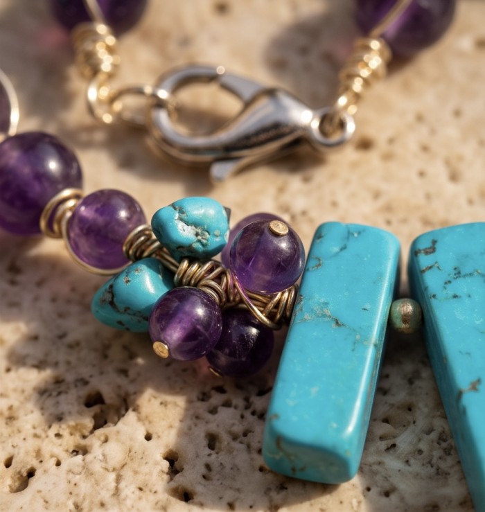 Dreamland - natural Turquoise Amethyst .925 Sterling Silver handmade necklace - Close-up of turquoise and amethyst necklace with clasp detail.