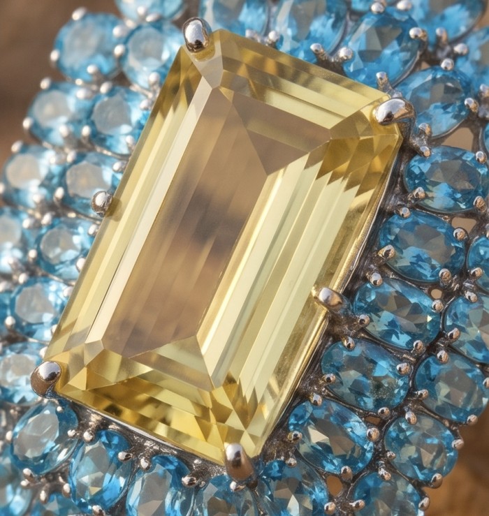 Serenity baquette cut 68.5 carat Champagne Smoky Topaz Aquamarine rhodium over .925 Sterling Silver MASSIVE Ring size 7 - Close-up of Serenity baguette cut 68.5 ct Champagne Smoky Topaz and Aqua gems.