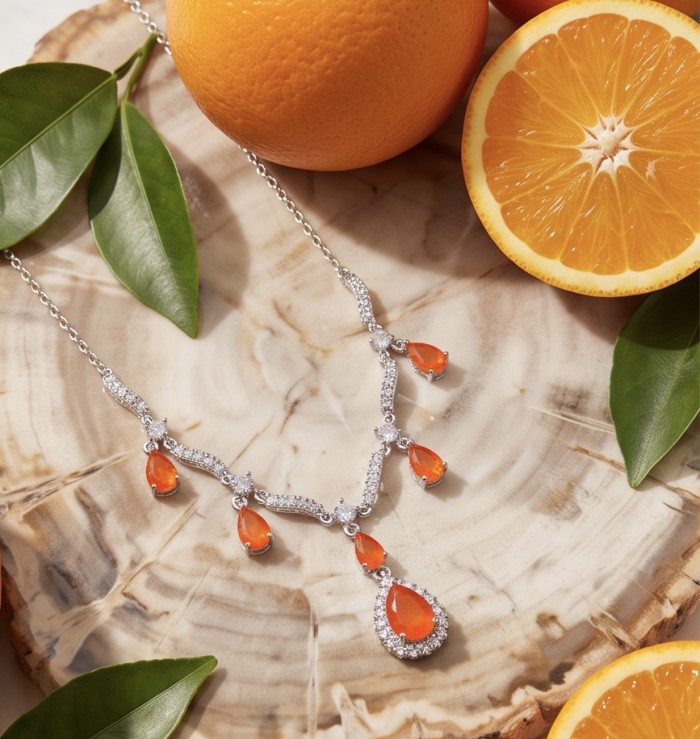 Unique 12.5 carat natural Mexican Fire Opal rhodium over .925 Sterling Silver brilliantly handcrafted necklace - Necklace with Mexican Fire Opals on marble, surrounded by oranges.
