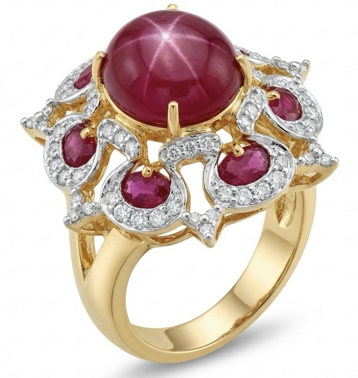 King of Gems Genuine 17.5 CARAT Mozambique Star Ruby 22K Gold over .925 Sterling Silver Large Statement Ring size 7 1/4 - Side view of gold ring with Mozambique ruby and diamond accents