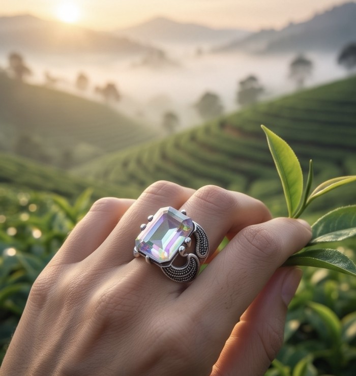 Two Swans Authentic 27.4 carat Mystc Topaz .925 Sterling Silver brilliantly handcrafted large Statement Ring size 8 - Mystic Topaz ring on hand with scenic background at sunrise.