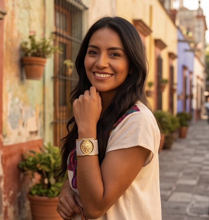 Renewal - Byzantine design 14K Gold over .925 Sterling Silver handcrafted Bracelet / Cuff - Worn on hand: Byzantine design gold cuff on woman's wrist, street backdrop