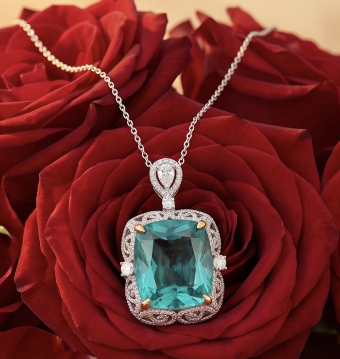 Wonderland 31.3 carat fancy baquette cut Paraiba Tourmaline 2 tones .925 Sterling Silver Handcrafted Statement necklace - Close-up of Paraiba Tourmaline pendant on red roses
