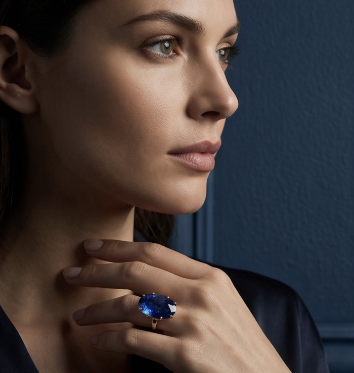 Julietta 18.5 carat faceted Sapphire .925 Sterling Silver dippedin 14K Gold handmade Statement ring size 7 - Side view of hand wearing 18.5 carat faceted Sapphire ring.