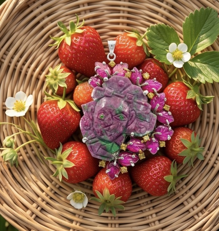 Picasso Carving 34ct Handmade Authentic best quality Ruby in Zoisite 14K Gold over .925 Sterling Silver Pendant - Ruby pendant on strawberries, top view, highlighting carving details.