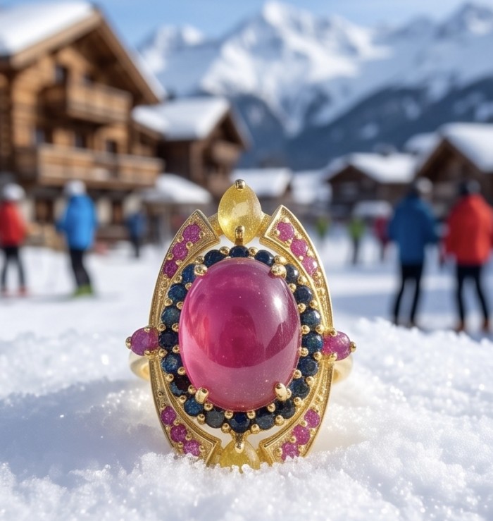 King of Gems Genuine 24.5 CARAT Mozambique Ruby 18K Gold over .925 Sterling Silver Large Statement Ring size 9 - Close-up of 24.5 carat Mozambique ruby ring in snowy mountain setting.