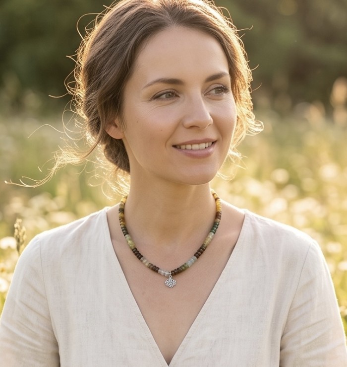 Peaceful Mind- Top quality 106.80 grams Natural Fluorite .925 Sterling Silver handcrafted 22 inches necklace - Woman wearing Peaceful Mind Natural Fluorite necklace outdoors.