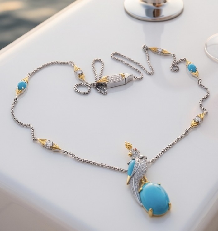 Precious Bird on a Rock 14.4 carat Sleeping Beauty Turquoise 18K Gold over .925 Sterling Silver Necklace; 18 inches long - Necklace close-up with turquoise and bird design on a flat surface