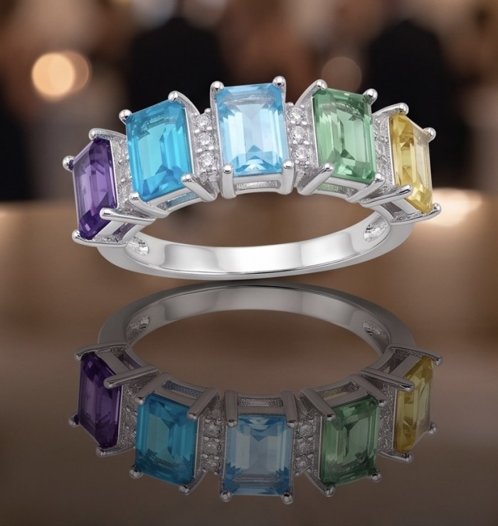 My own Rainbow - authentic 8.7 carat multigem .925 Sterling Silver Eternity Ring size 7 - Side view of multigem rainbow ring with 8.7 carats in sterling silver.