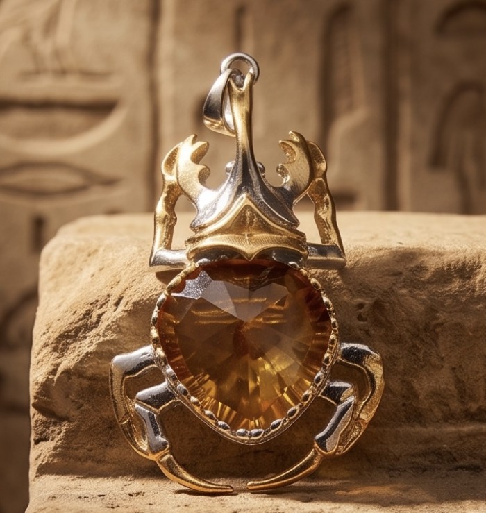 Authentic 15.9 catat Champagne Topaz Scarabaeus 18K Gold over .925 Sterling Silver handmade Pendant - Champagne Topaz Scarab pendant on stone background, front view.