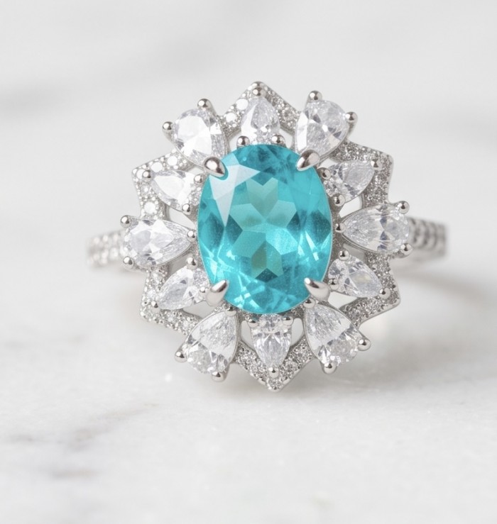 Elizabeth 8.5 carat Paraiba Tourmaline .925 Sterling Silver Handcrafted Ring size 5 - Close-up of Elizabeth 8.5 carat Paraiba Tourmaline ring, front view.