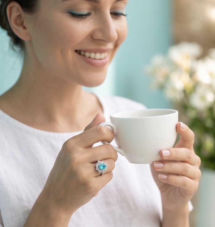 Elizabeth 8.5 carat Paraiba Tourmaline .925 Sterling Silver Handcrafted Ring size 5 - Woman wearing Elizabeth 8.5 ct Paraiba Tourmaline ring, holding cup