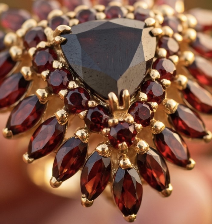Giovanna trillion cut 22.5 carat Garnet from Sri Lanka (Ceylon) 22K Gold over .925 Sterling Silver handcrafted Statement ring size 6 - Close-up of Giovanna trillion cut 22.5 carat garnet with gold setting