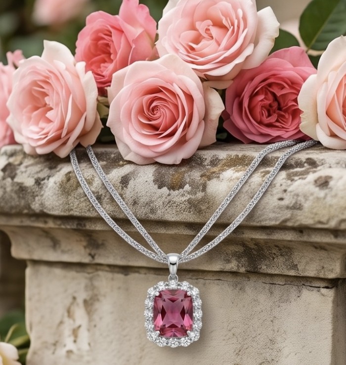 Authentic 12.2 CARAT Raspberry Pink Topaz .925 Sterling Silver handmade Necklace - Front view of raspberry pink topaz necklace with pink roses backdrop